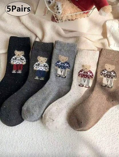 Women's Mid-Calf Socks, Warm Retro Cartoon Dotted Cute Bear