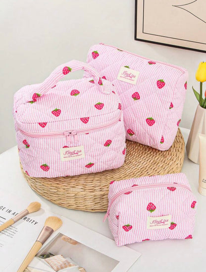 Strawberry & White Stripe Quilted Makeup Bag With Handle