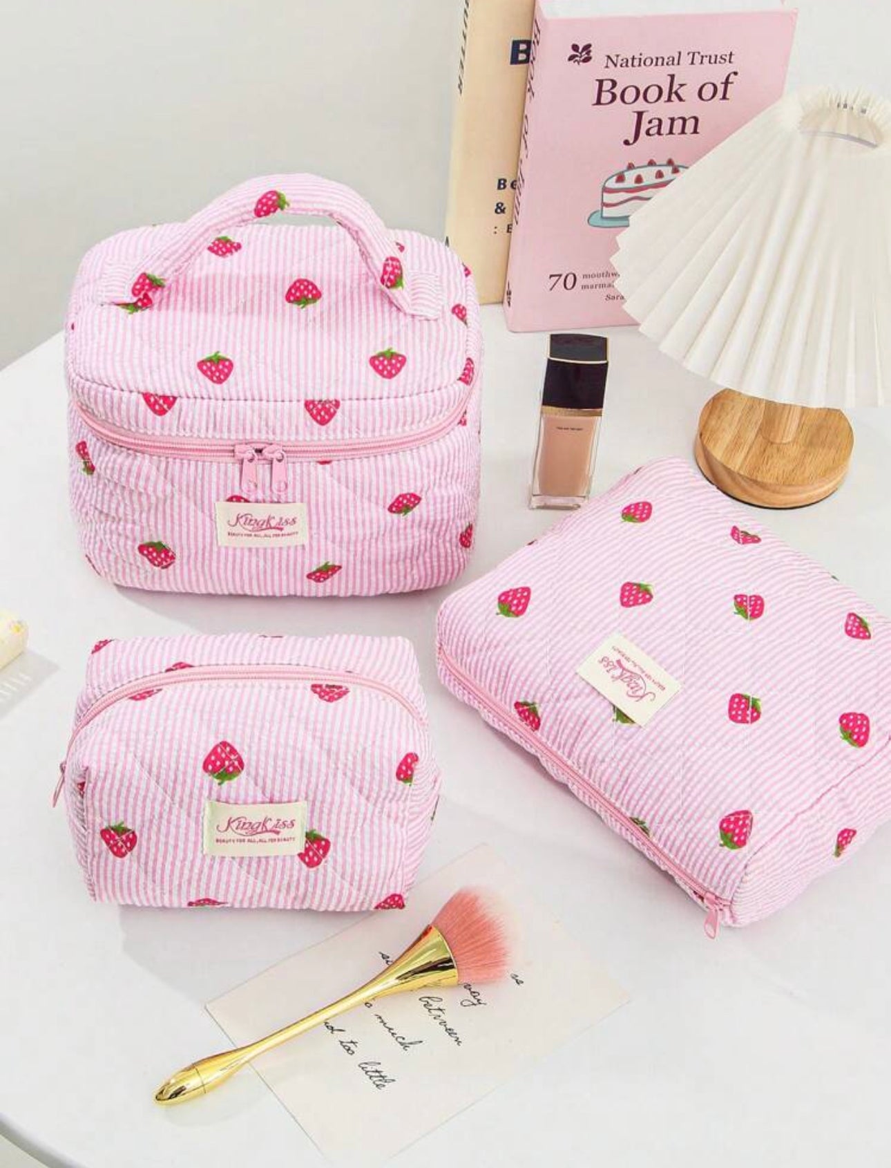 Strawberry & White Stripe Quilted Makeup Bag With Handle