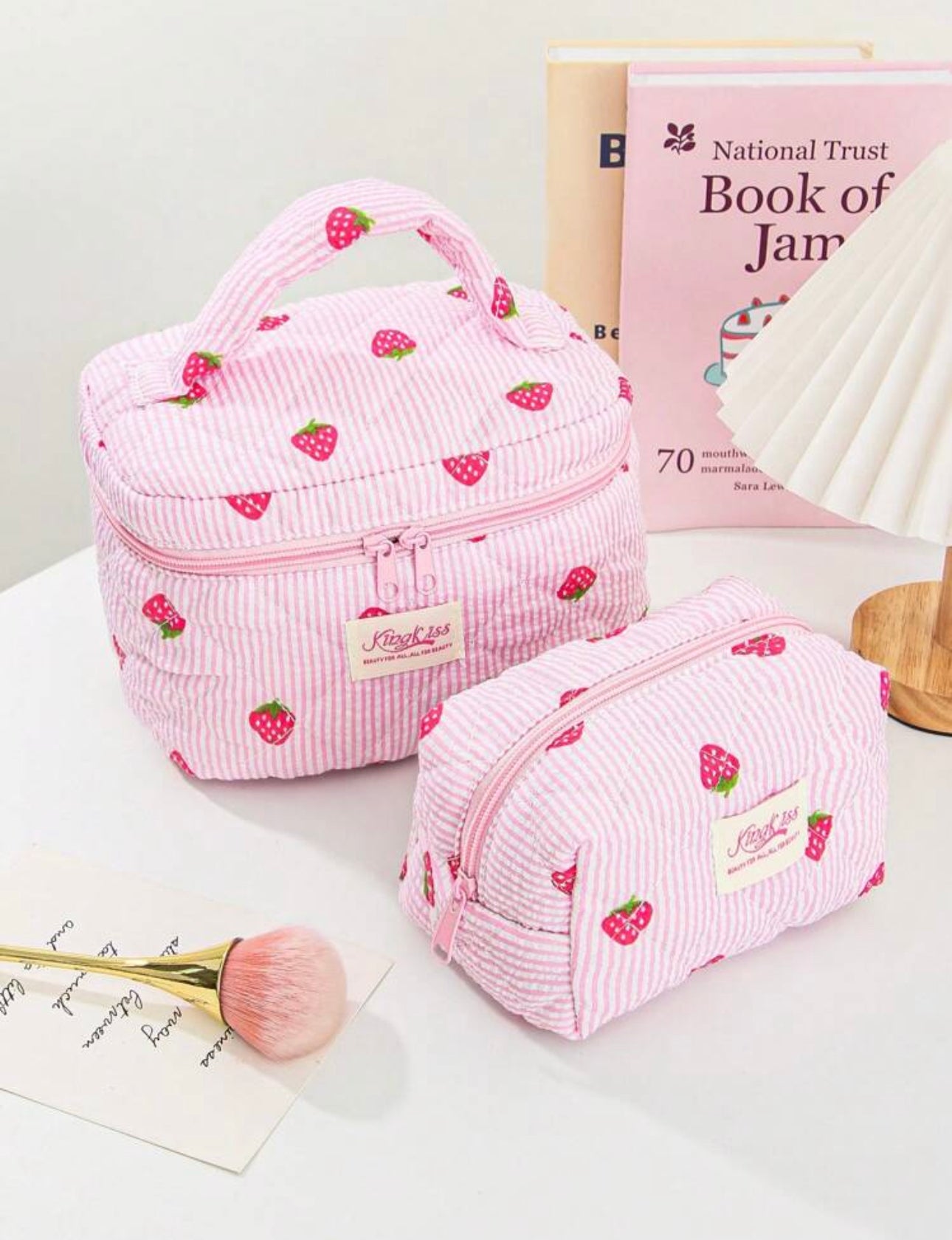 Strawberry & White Stripe Quilted Makeup Bag With Handle