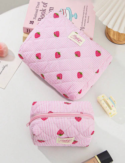 Strawberry & White Stripe Quilted Makeup Bag With Handle