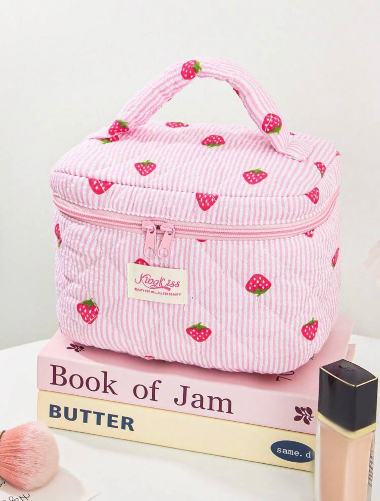 Strawberry & White Stripe Quilted Makeup Bag With Handle
