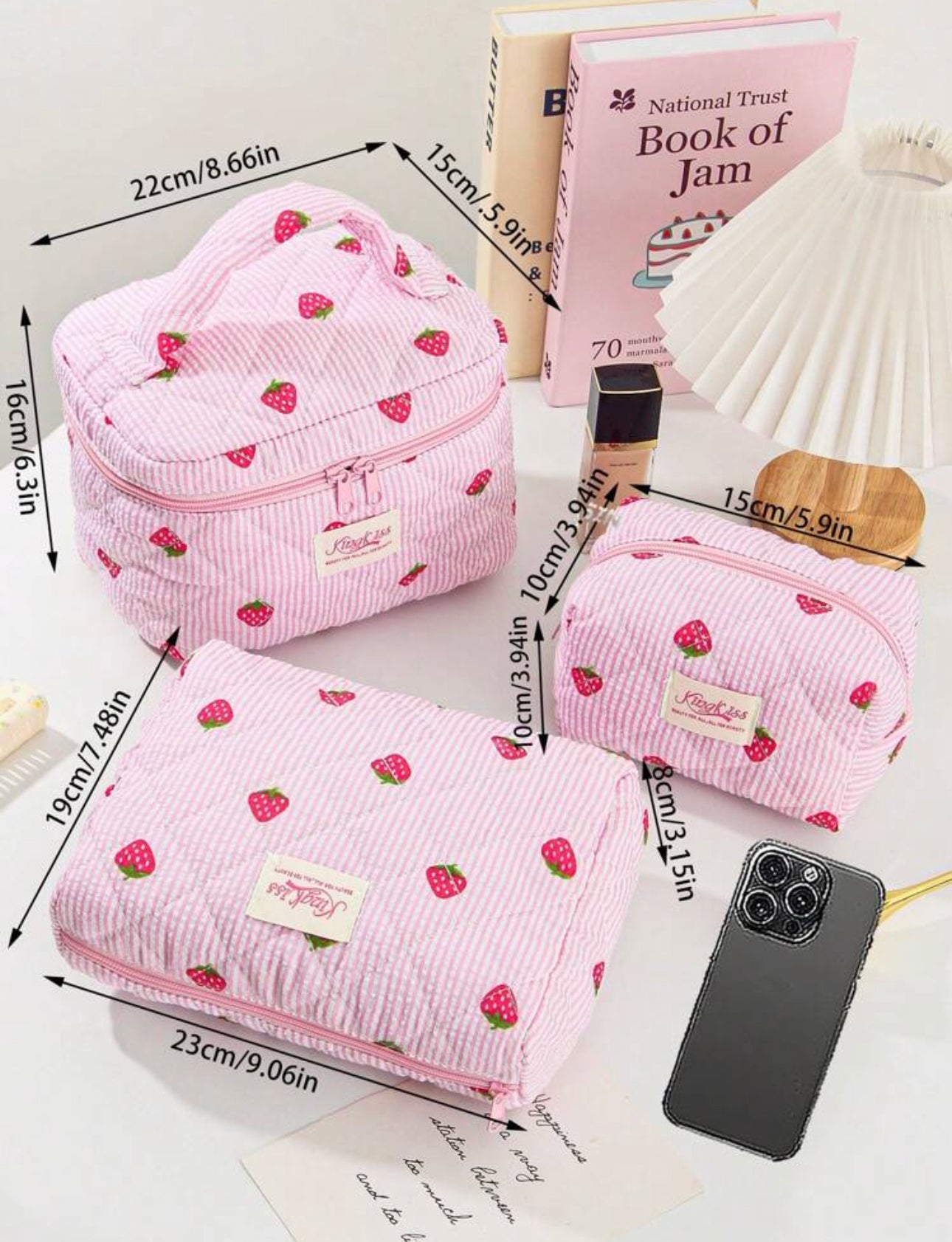 Strawberry & White Stripe Quilted Makeup Bag With Handle