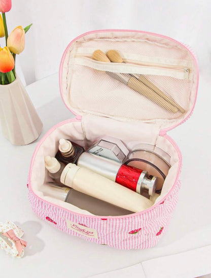 Strawberry & White Stripe Quilted Makeup Bag With Handle