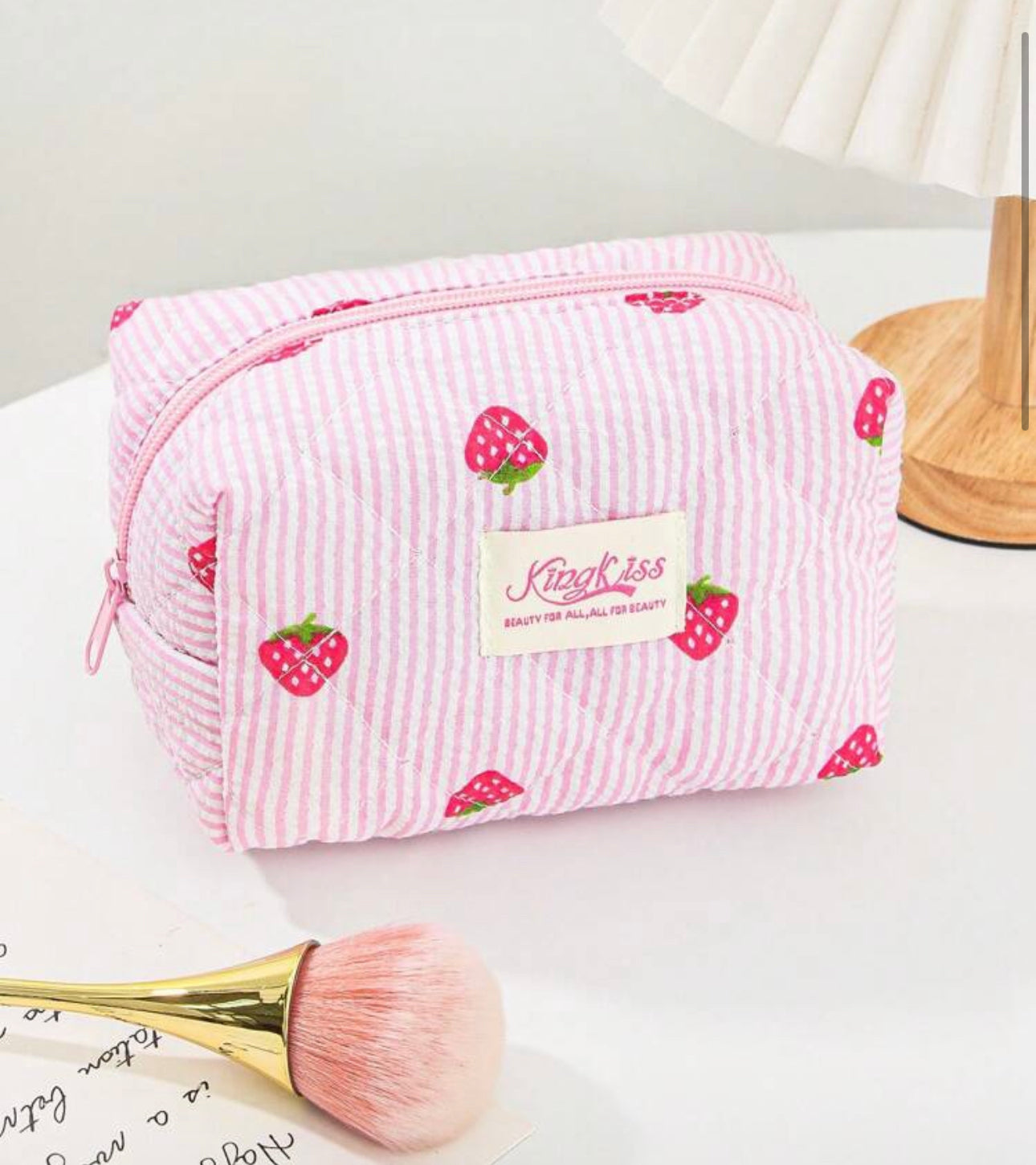Strawberry & White Stripe Quilted Makeup Bag With Handle